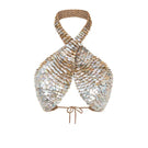 Hand-crochet bronze cross top with pearl embellishments by Mirel Prentice, featuring intricate detailing and a stylish, feminine design.