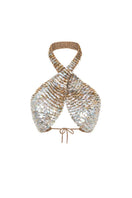 Hand-crochet bronze cross top with pearl embellishments by Mirel Prentice, featuring intricate detailing and a stylish, feminine design.