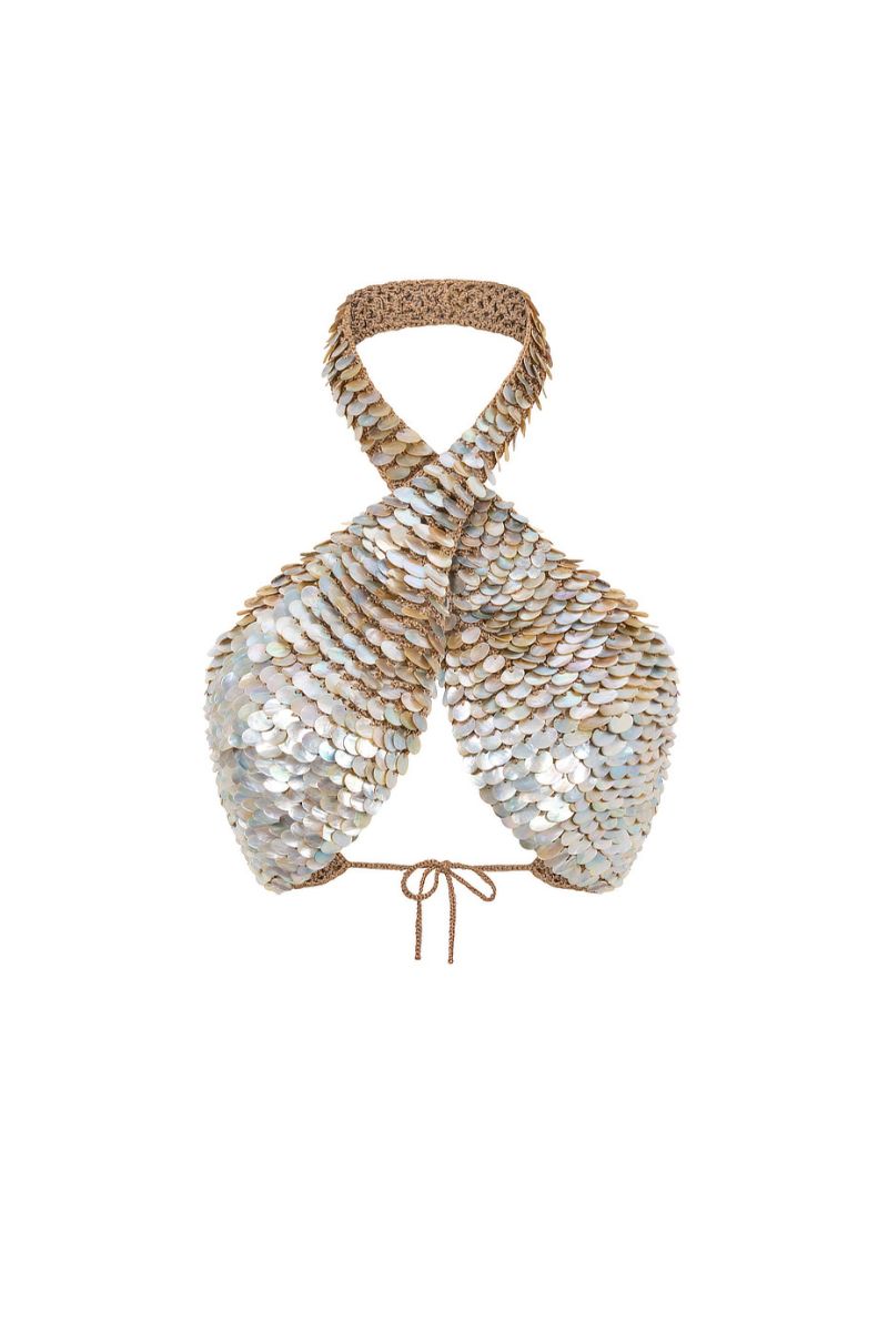Hand-crochet bronze cross top with pearl embellishments by Mirel Prentice, featuring intricate detailing and a stylish, feminine design.