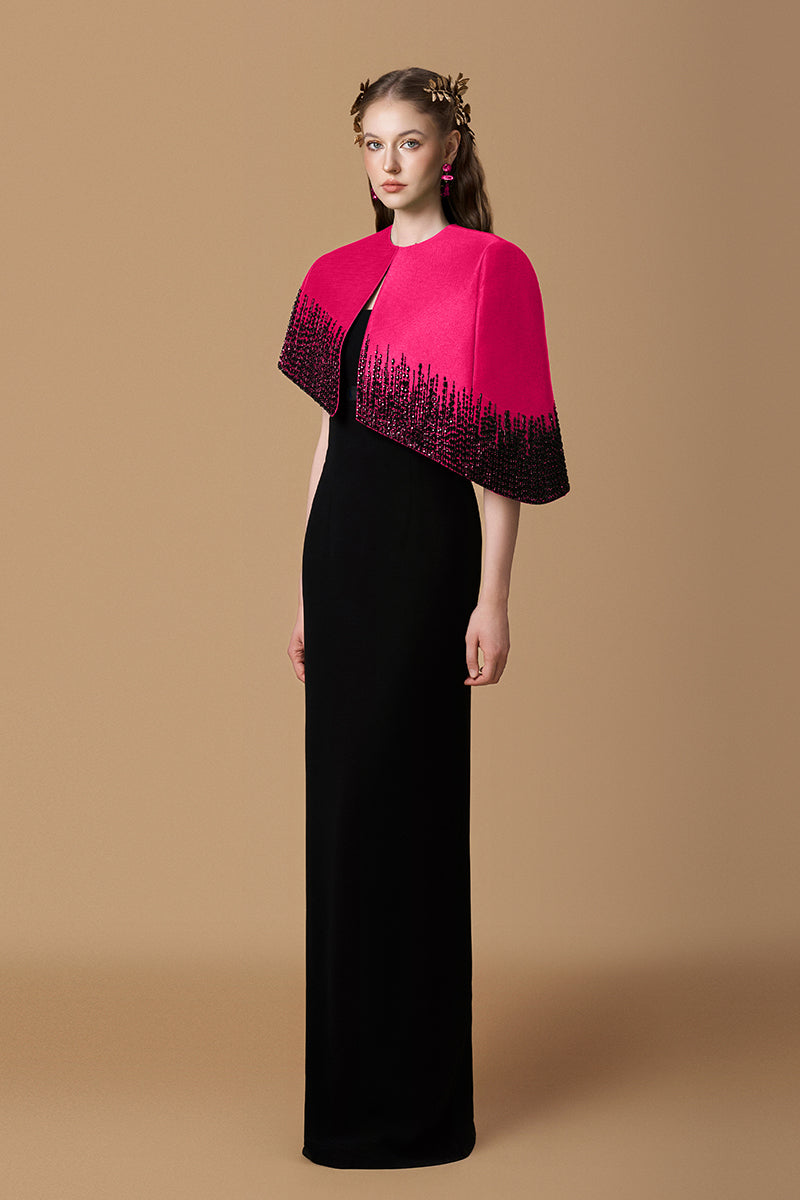 Pink crepe de chine taffeta gown by I.H.F, flowing and elegant with a smooth, luxurious fabric and a graceful silhouette.