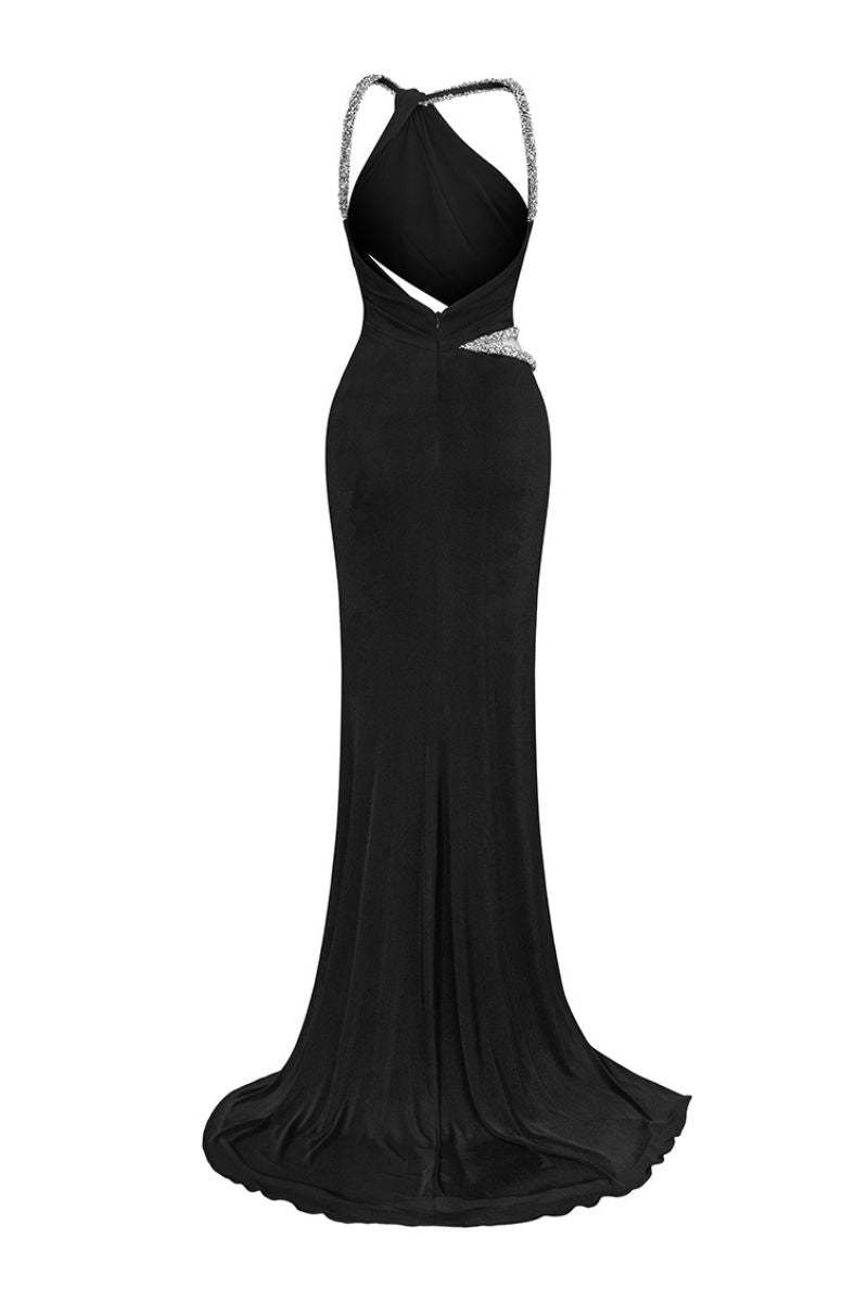 DORY BLACK ASYMMETRIC DRAPPED GOWN - CULT MIA