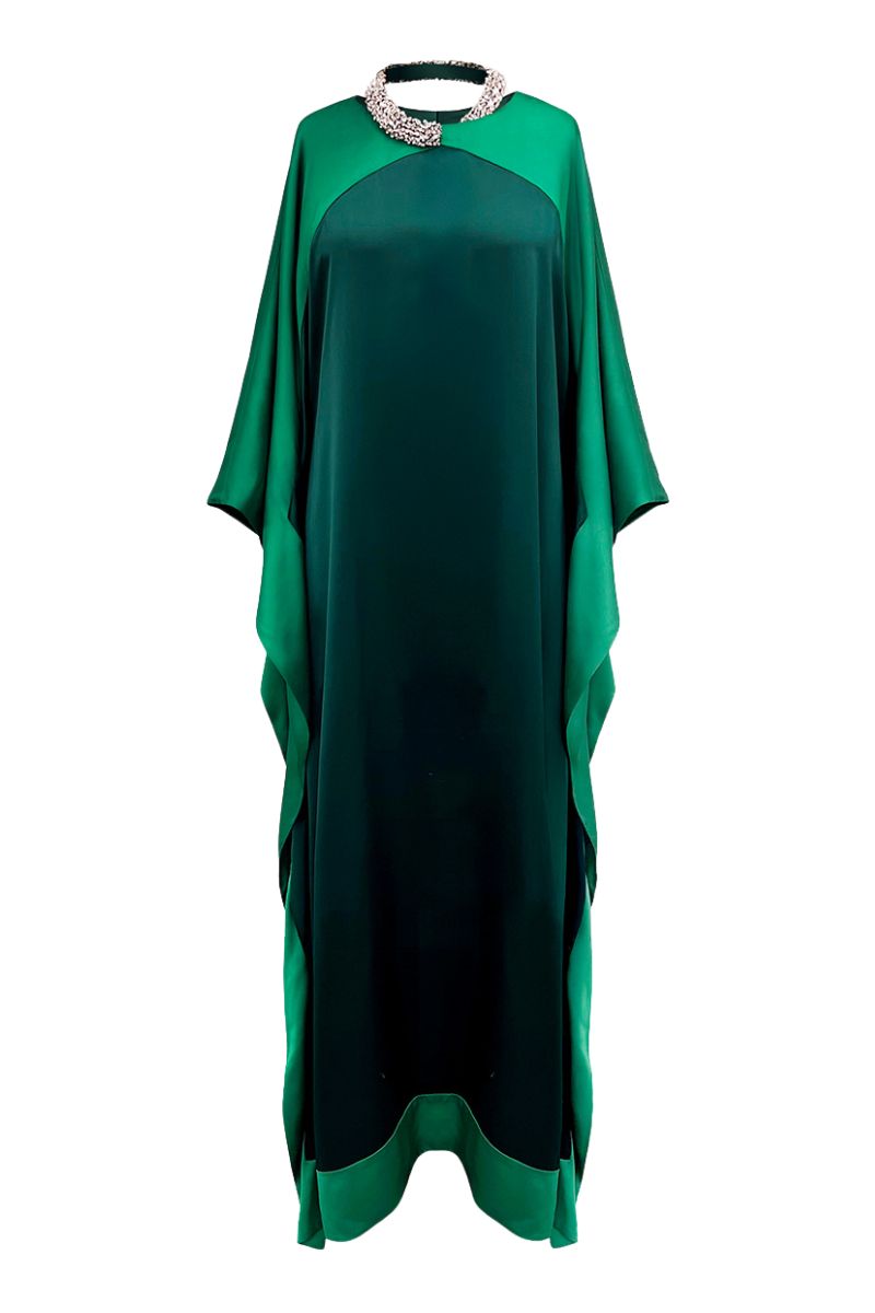 COLOR BLOCKED SILK KAFTAN DRESS IN EMERALD AND HUNTER GREEN - CULT MIA