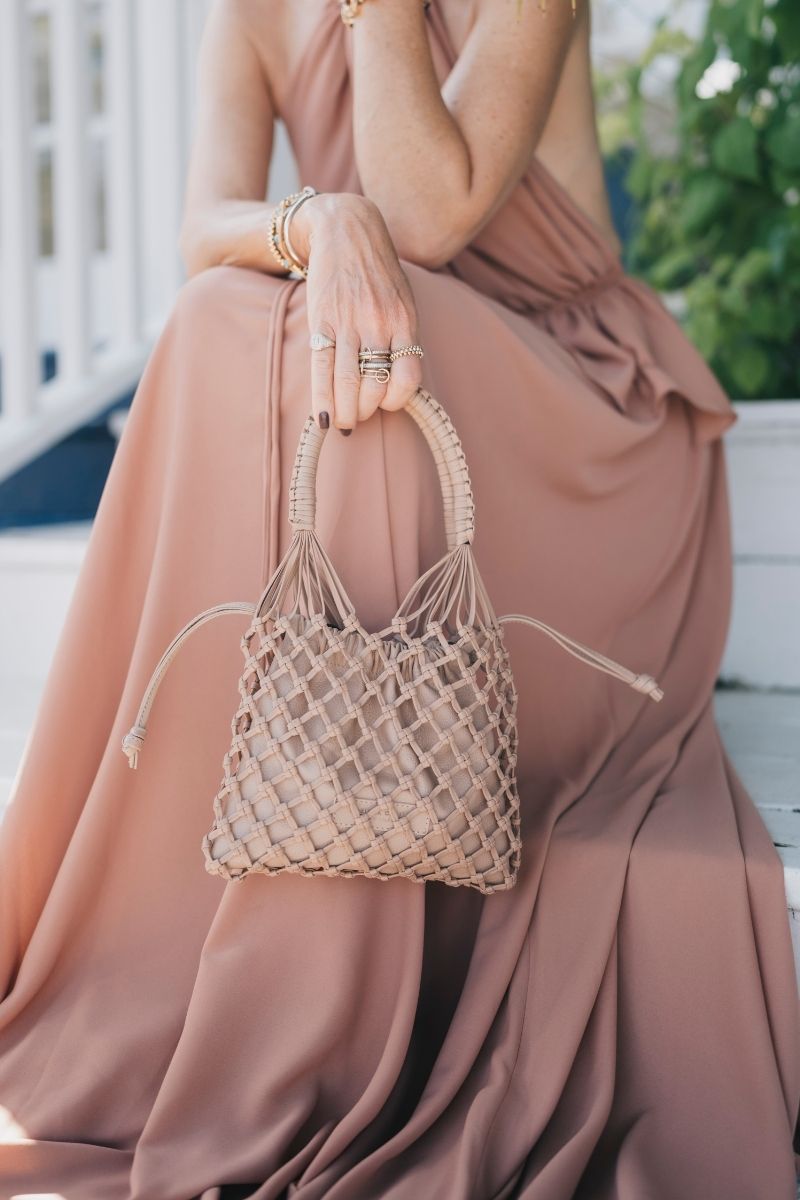 Adriana Castro nude leather shoulder bag from La Red Leather collection, featuring a sleek design and smooth texture.