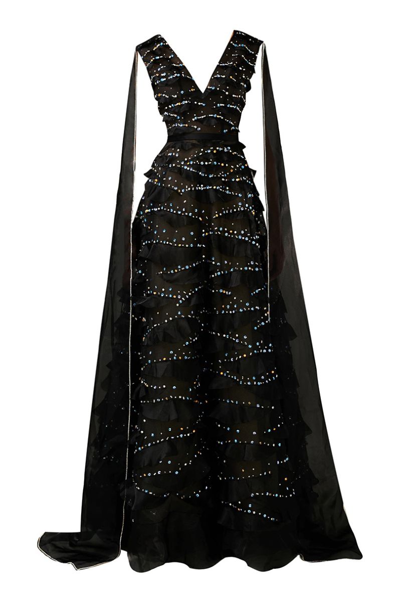 BLACK LAYERED FLOOR LENGTH GOWN WITH SCARF - CULT MIA