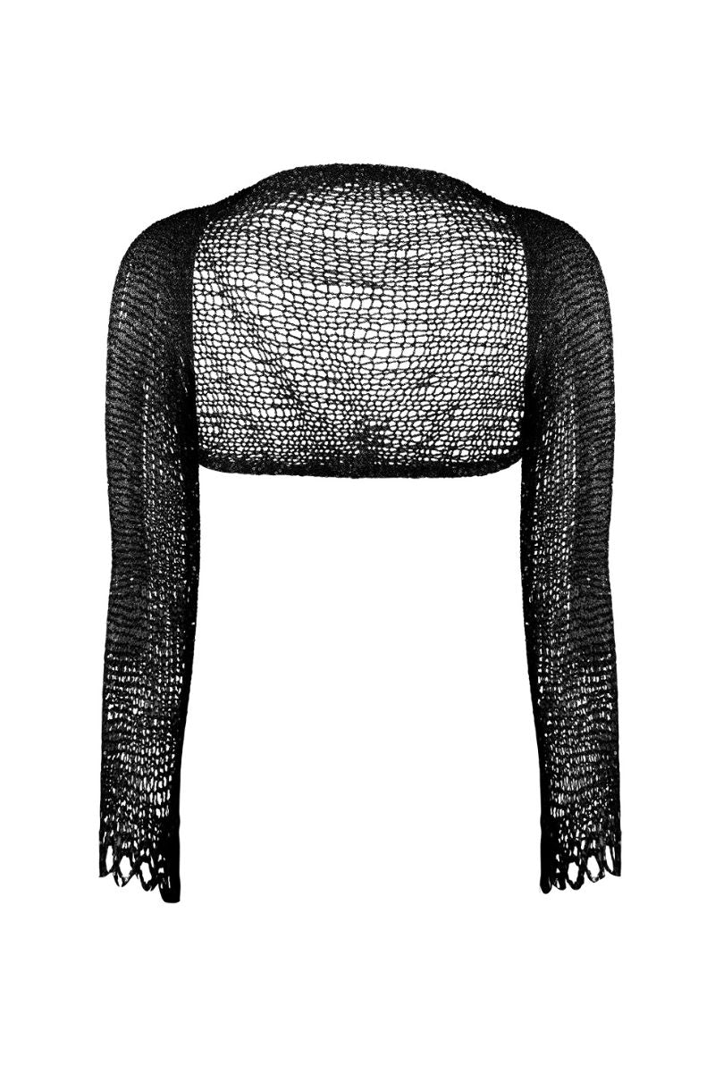 Black chain bolero shrug cardigan by Natalia Fedner featuring a chain detail and cropped fit, styled with long sleeves and open front.