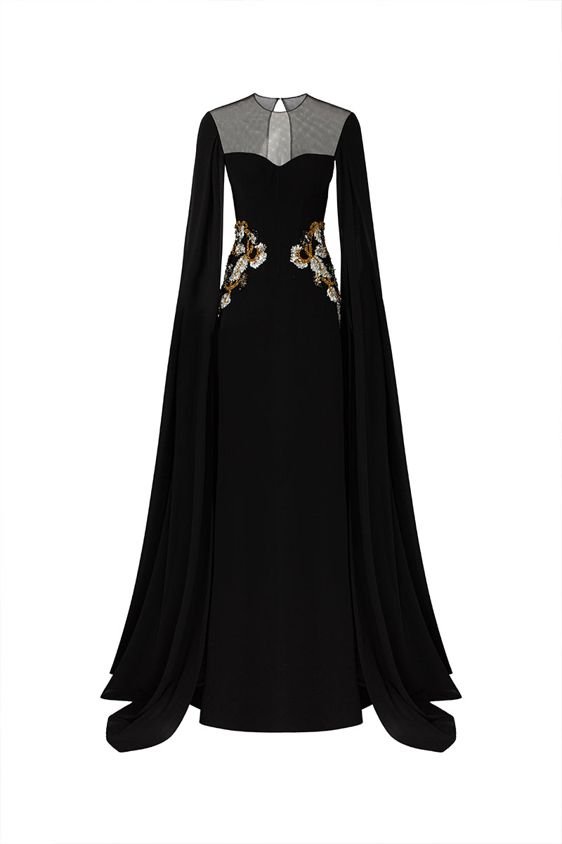 VELVET SATIN CAPE SLEEVE GOWN IN BLACK
