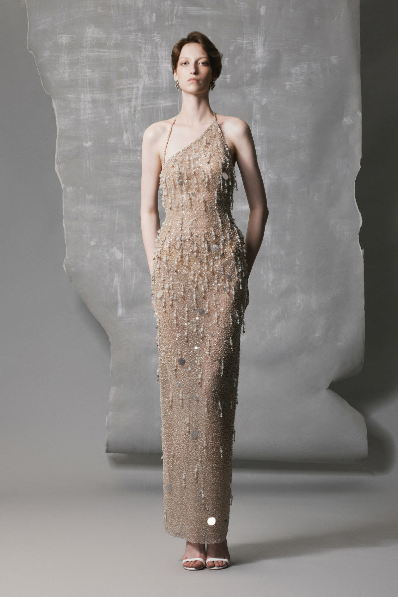 ONE-SHOULDER DRESS WITH SHEER MESH IN GOLD | CULT MIA