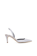A pair of Gabriella Gray Satin Slingback Heels by AERA, featuring elegant satin straps and pointed toe design.
