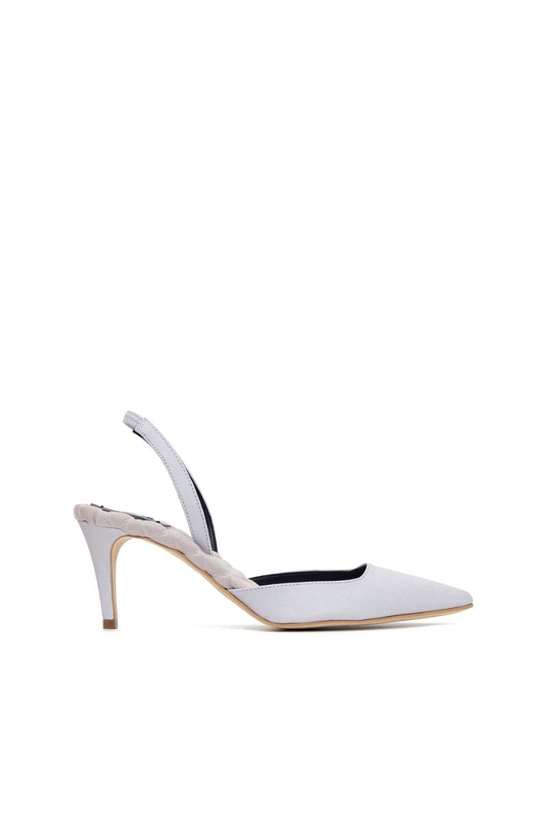 A pair of Gabriella Gray Satin Slingback Heels by AERA, featuring elegant satin straps and pointed toe design.