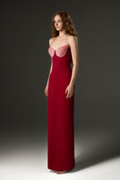 Red Lotus Taffeta bustier column gown by I.H.F Studio, featuring a fitted silhouette and elegant design.
