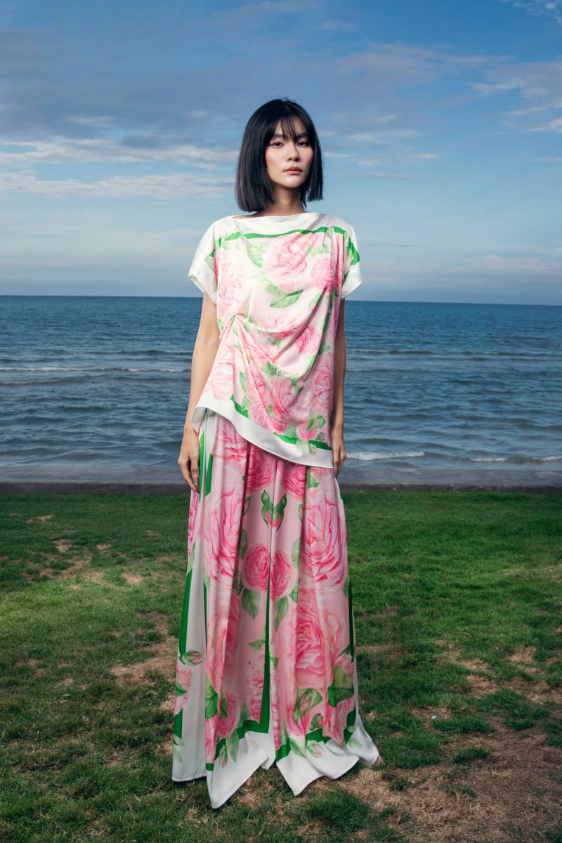 LILIANE SHORT SLEEVED SILK TOP AND WIDE-LEG PANTS SET - CULT MIA