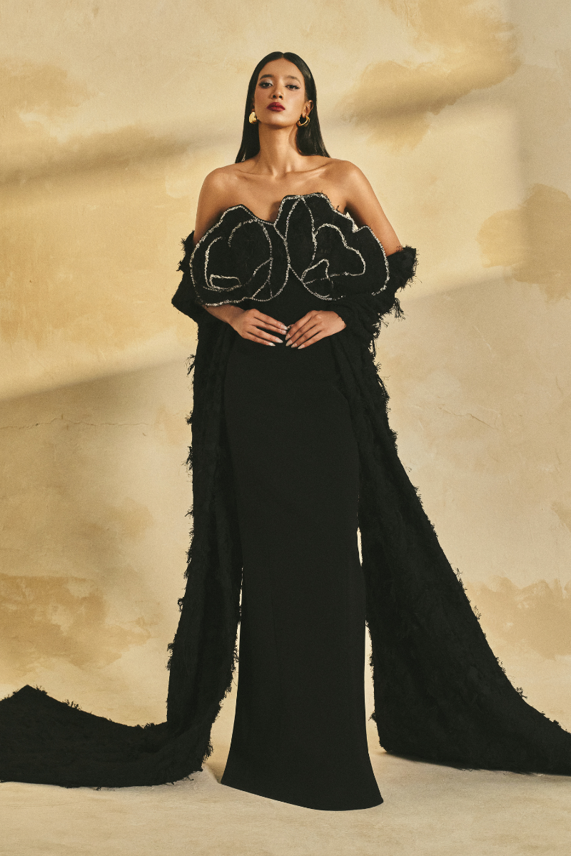 OFF-SHOULDER POLY CREPE AND FRINGE JACQUARD MAXI DRESS