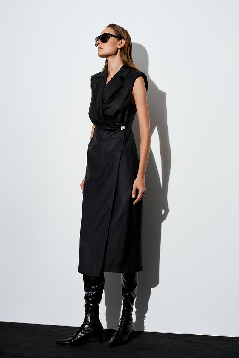 Black Rotten Dress midi dress by Acaria Studio featuring a fitted silhouette and stylish design, shown on a model.