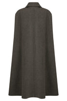 Brown long wool cape coat by JINSUN with wide collar and flowing silhouette, draped over a model's shoulders.