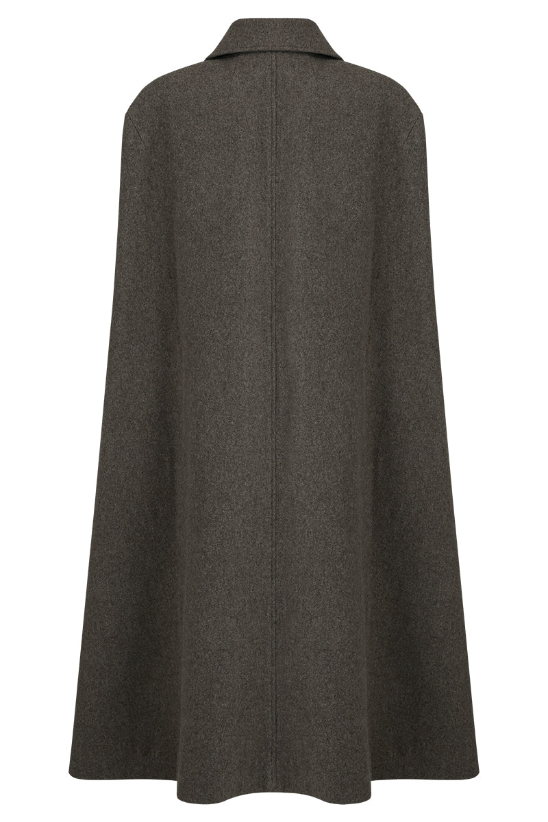 Brown long wool cape coat by JINSUN with wide collar and flowing silhouette, draped over a model's shoulders.