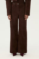 LARETAGGIO Brindissi suede mid waist trousers, stylish pants in soft suede fabric, shown in a versatile, neutral tone.