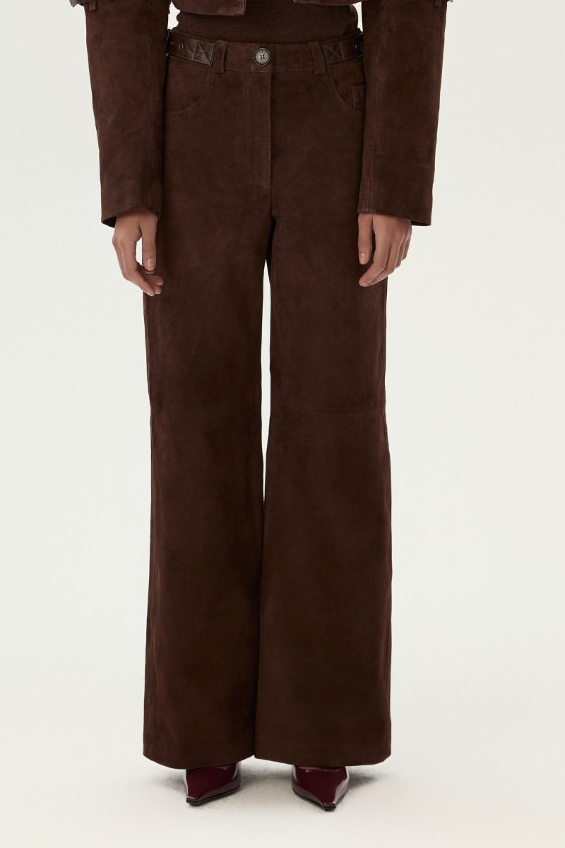 LARETAGGIO Brindissi suede mid waist trousers, stylish pants in soft suede fabric, shown in a versatile, neutral tone.