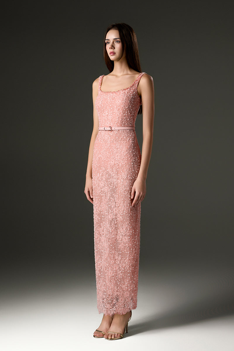 pink square neck midi dress SQUARE NECK MESH LACE MIDI DRESS IN PINK