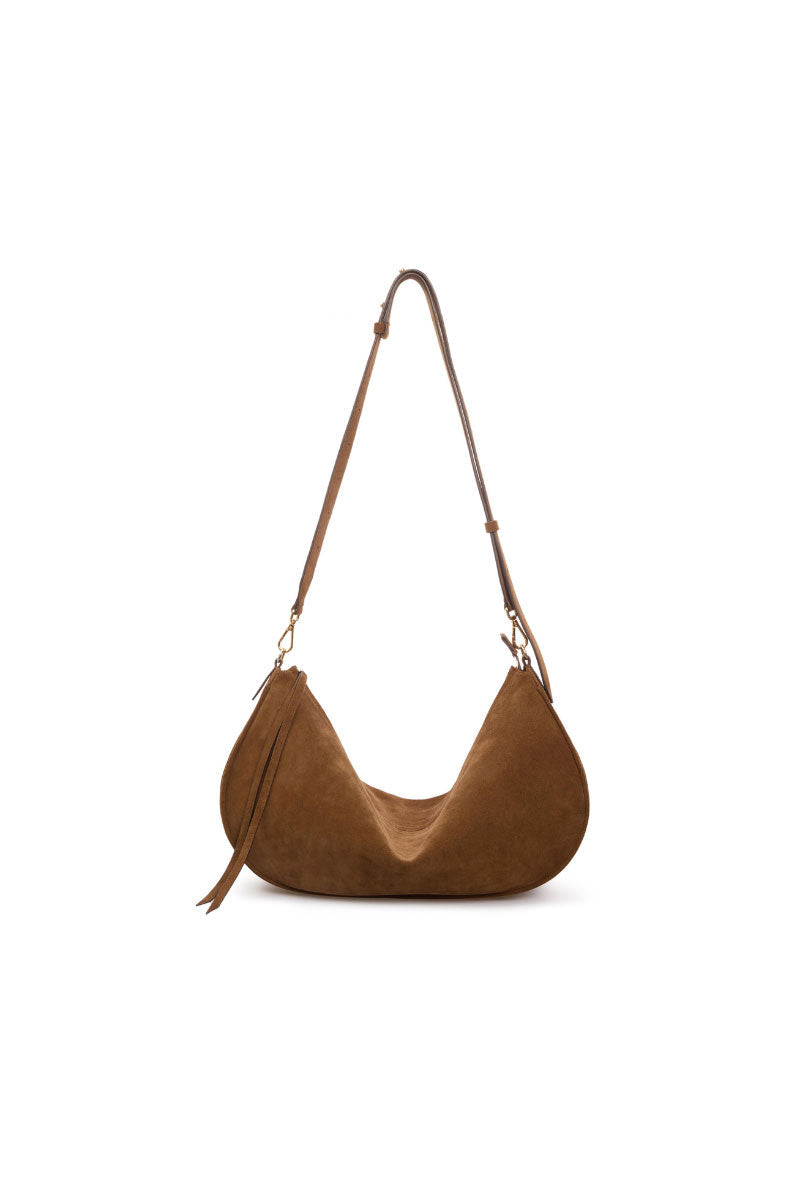 Brown suede Denise shoulder bag by Vikele Studio with a sleek, stylish design and adjustable strap, perfect for everyday use.