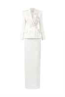 White pearl taffeta co-ord set by Lune De Soie, featuring matching top and bottom with elegant pearl accents.