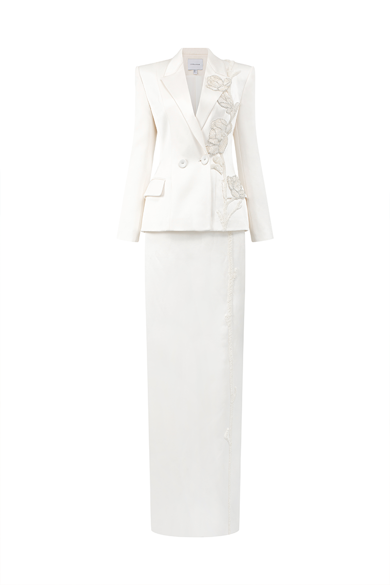 White pearl taffeta co-ord set by Lune De Soie, featuring matching top and bottom with elegant pearl accents.