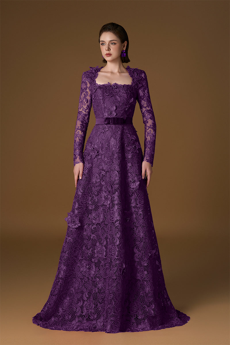 V-NECK A-LINE LACE GOWN WITH LONG SLEEVES IN PURPLE | CULT MIA | I.H.F V-NECK A-LINE LACE GOWN WITH LONG SLEEVES IN PURPLE | CULT MIA | I.H.F