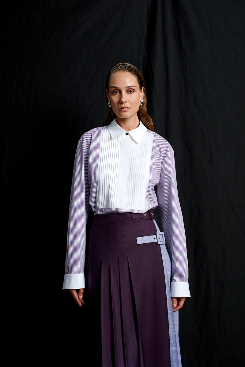Purple striped Heritage shirt by Acaria Studio, non-iron fabric, stylish and comfortable men's dress shirt.