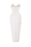 White CULT MIA X HAPPY CLOTHING pegged sleeveless taffeta maxi dress displayed on a hanger, featuring a flowing design and elegant style.