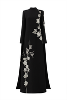 Lune De Soie velvet satin gown with long back flap, elegant flowing design, and luxurious fabric for formal occasions.