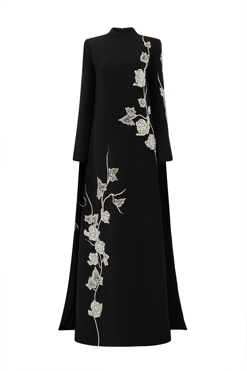 Lune De Soie velvet satin gown with long back flap, elegant flowing design, and luxurious fabric for formal occasions.