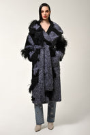 Lalo oversized gray and black coat with belt, stylish and cozy outerwear, displayed on a hanger with a neutral background.