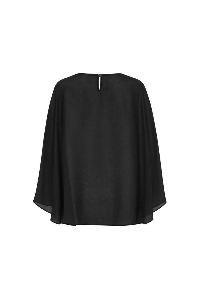 Black chiffon cape jacket by Nazlı Ceren, stylish and elegant outerwear with flowing fabric and detailed design.