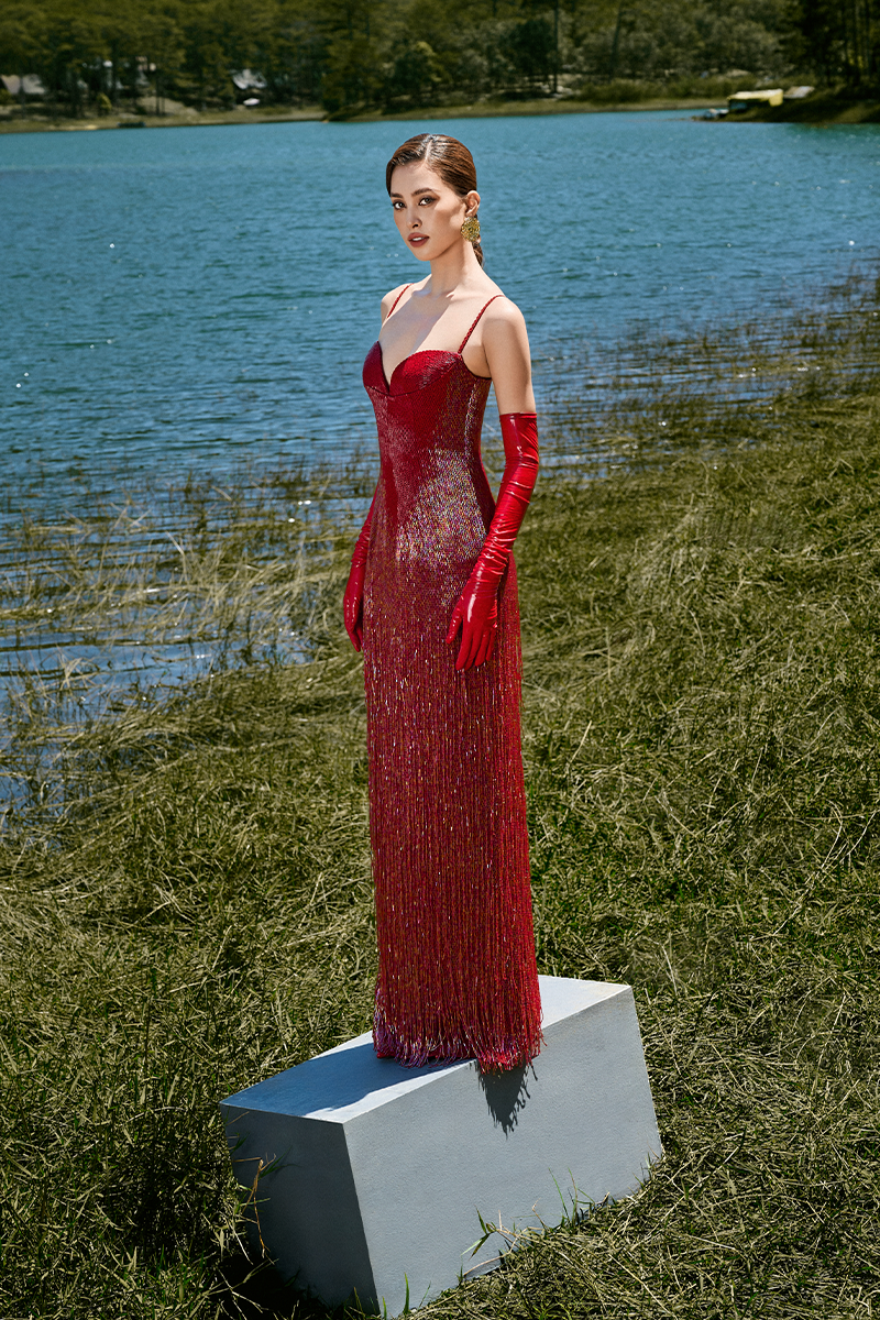 OYSTER RED LONG BEADED GOWN - CULT MIA