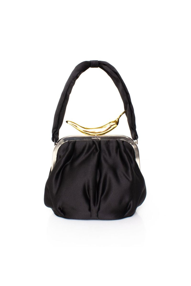 Sarah's Bag chili on black Bella shoulder bag with sleek design and shoulder strap, stylish accessory for everyday use.