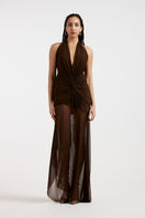 Deme By Gabriella Tess draped brown maxi dress featuring flowing fabric and elegant silhouette, perfect for casual or formal occasions.