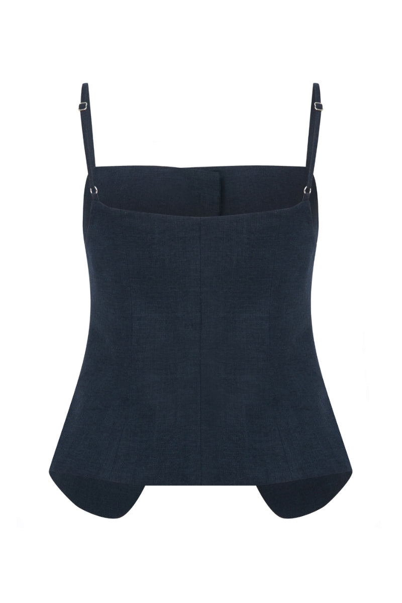 Dark navy linen top by Nazlı Ceren, featuring a stylish, lightweight design perfect for casual or summer wear.