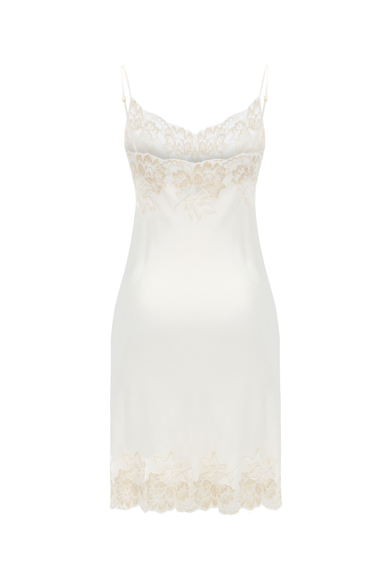 Bocan Couture jewel short rayon nightgown with gold lace trim, featuring a comfortable fit and elegant design.