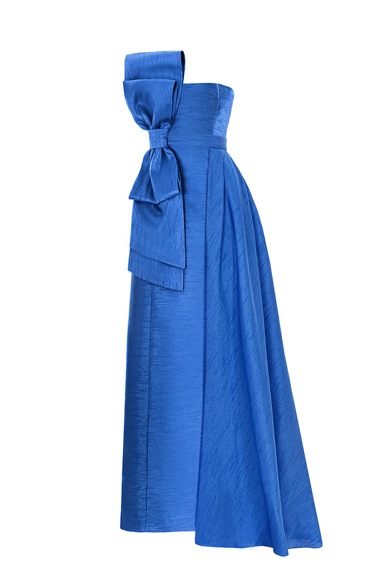 Royal blue Shantung bow gown by Monika Dimova featuring elegant draping and a sophisticated silhouette.