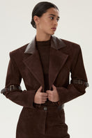 LARETAGGIO GIRRONE suede blazer in beige, shown on a hanger with a structured fit and classic lapel design.