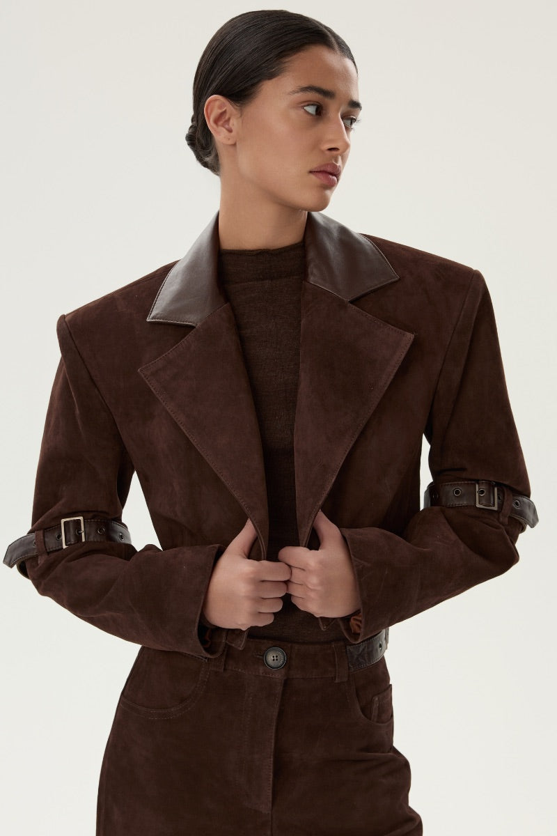 LARETAGGIO GIRRONE suede blazer in beige, shown on a hanger with a structured fit and classic lapel design.