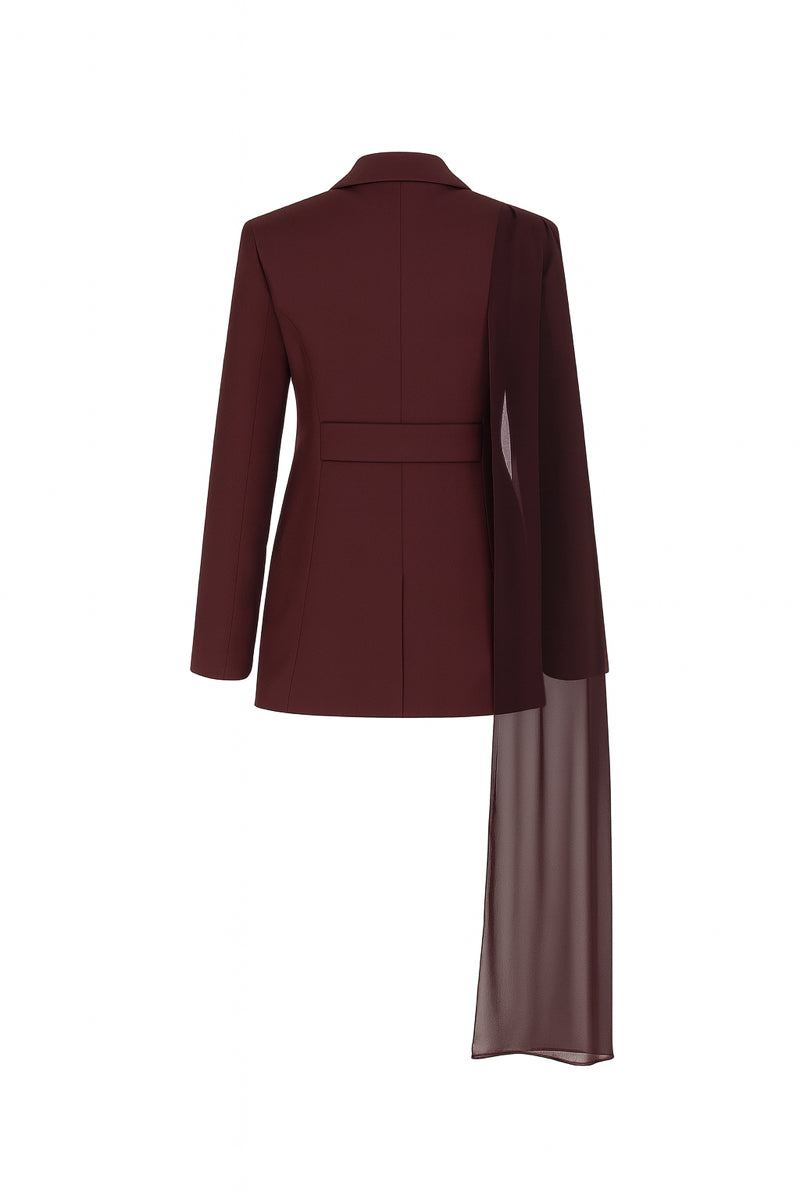 Nazlı Ceren Elodie Bordeaux jacket featuring stylish design and tailored fit, displayed on a hanger.