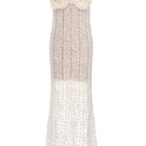 White handmade crochet chrysanthemum maxi dress by Andreeva, featuring intricate crochet details and a flowing, elegant design.