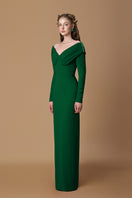 Elegant green crepe de chine V-neck gown by I.H.F, flowing fabric and classic design perfect for formal occasions.