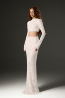 White sequin mesh lace co-ords set by I.H.F Studio featuring a stylish top and matching skirt.