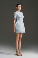 Blue I.H.F Studio sequin floral lace and silk taffeta mini dress with intricate lace and shimmering sequin details.