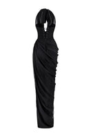 Black plunge neck chiffon gown by CEM, flowing evening dress with elegant drape and long sleeves, suitable for formal occasions.
