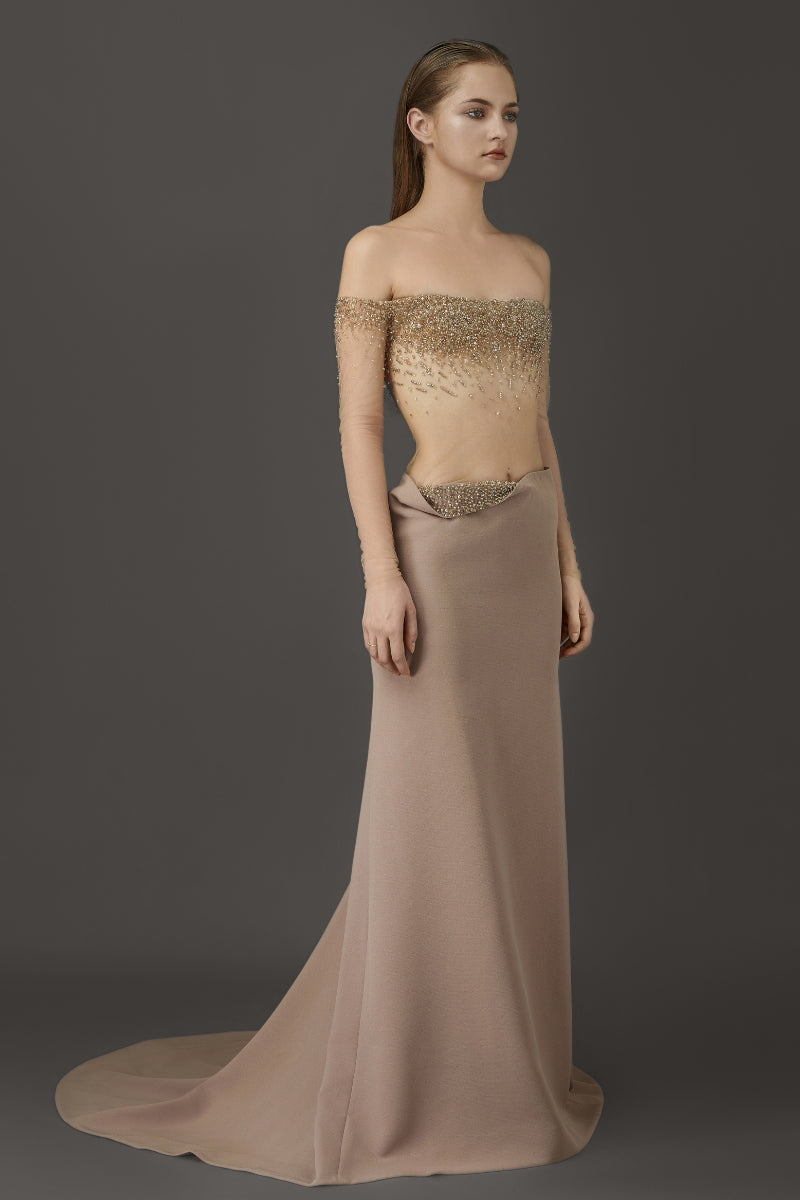 Phan Huy elegant sheer long dress co-ords with intricate embroidery, featuring a flowing design and delicate fabric.