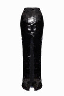 Black sequin maxi skirt by Balykina featuring a flowy, elegant design with shimmering sequins and a comfortable waistband.