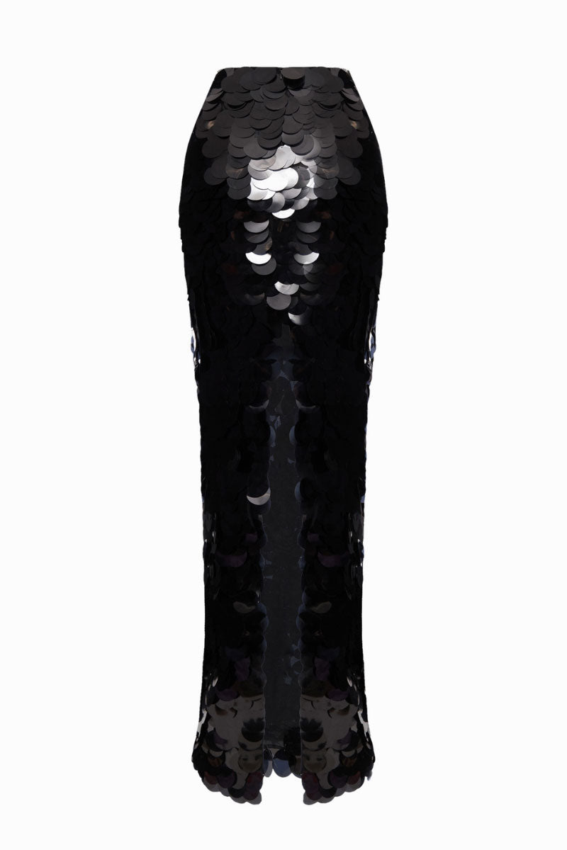 Black sequin maxi skirt by Balykina featuring a flowy, elegant design with shimmering sequins and a comfortable waistband.