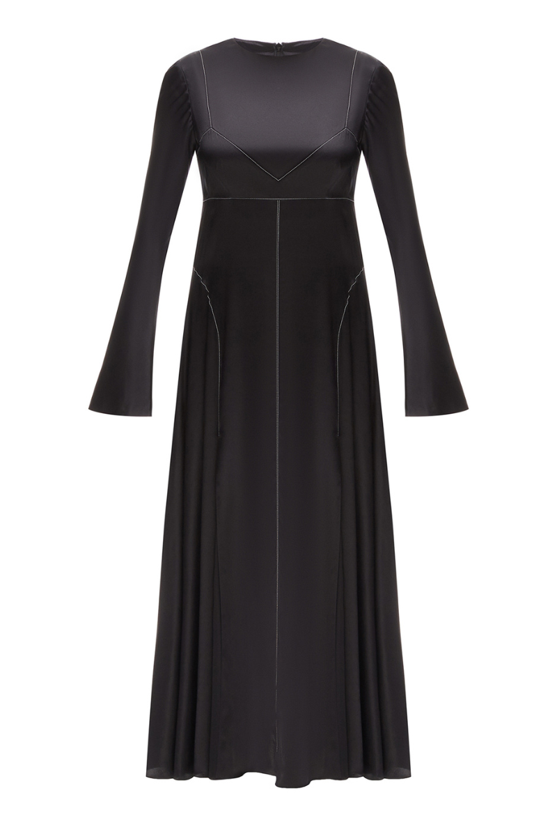 BLACK SILK MIDI DRESS WITH WHITE STITCH DETAIL - CULT MIA